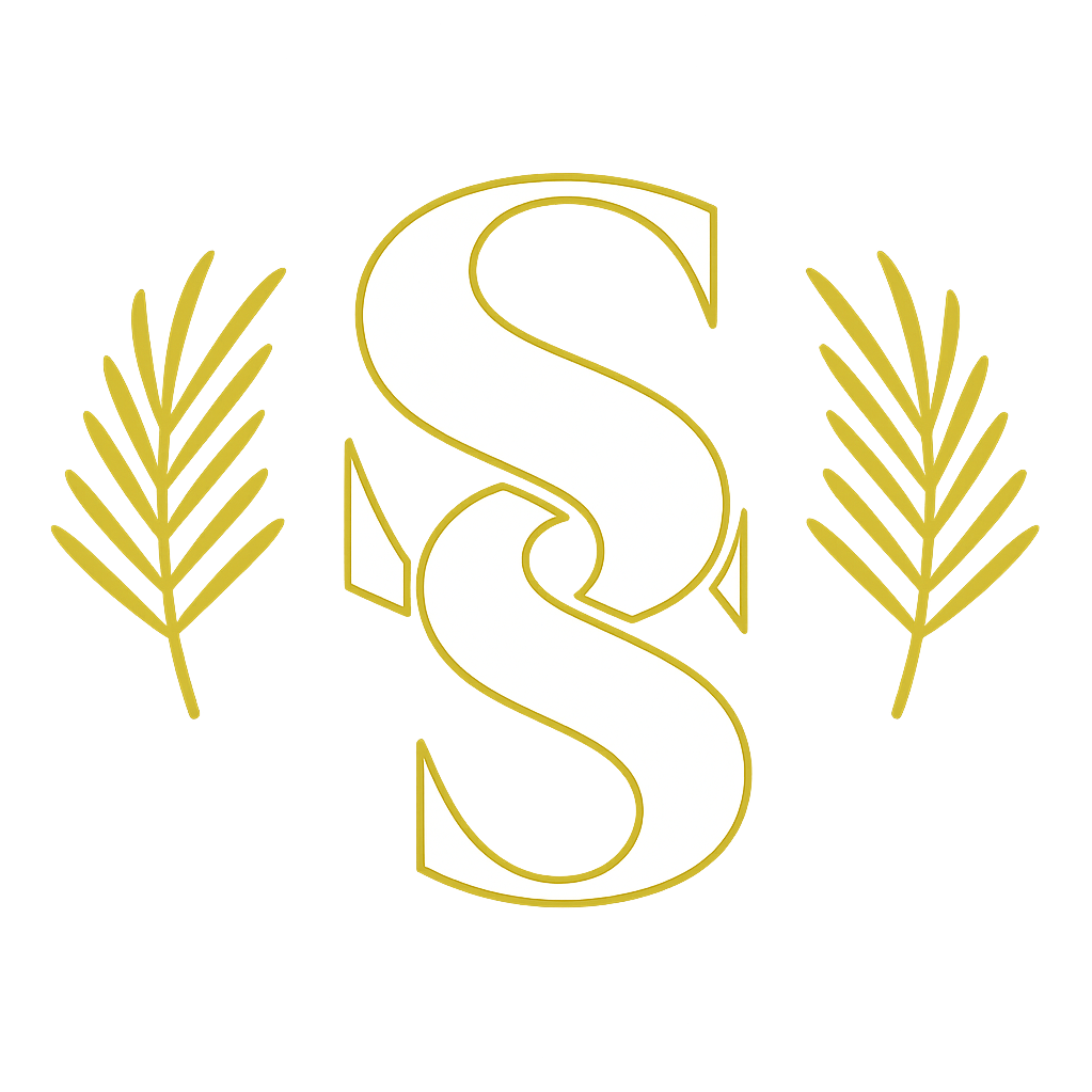Sedora Spa logo with white SS and gold palm leaves, Palm leaf accent for spa branding